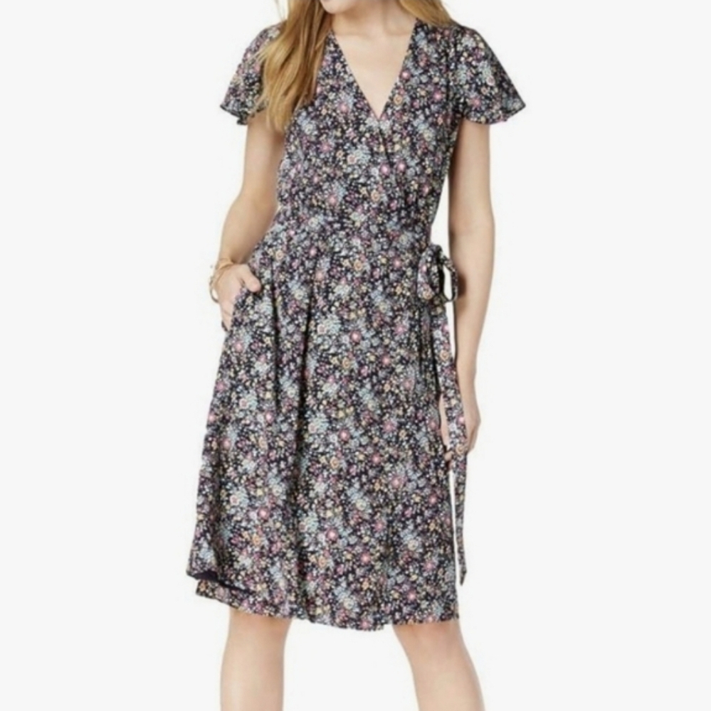 Maison Jules flutter sleeve colorful floral wrap dress xs